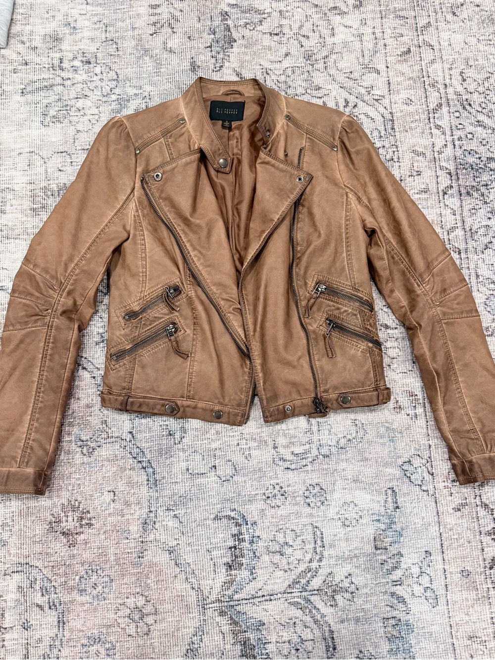 Blu Pepper Tan Leather Moto Jacket with Zip Details
